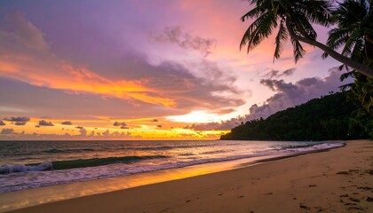 Vibrant sunset over a tropical beach, palm trees silhouetted against the colorful sky, gentle waves lapping the shore
