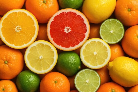 Close-up view of bright and vivid citrus fruits with lively colors