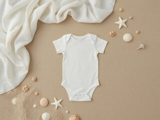 Blank baby onesie, bodysuit mockup, pregnancy announcement background, baby onesie summer flat-lay with seashells and star fish, Mediterranean chic, tropical theme. Neutral palette flatlay.