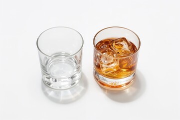 Isolated whiskey glasses, one filled and one empty, on a white backdrop with clipping path