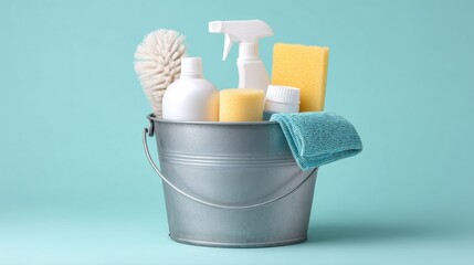Cleaning Supplies in Metal Bucket with Brushes, Spray Bottles, and Sponges on Blue Background for Home Cleaning and Organization Themes