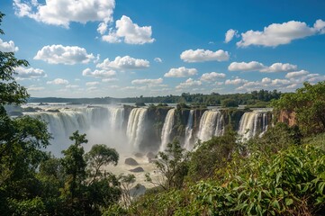 Fototapeta premium Scenic waterfall landscape with clear sky and lush greenery in warm season