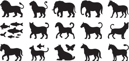 Collection of black animal silhouettes including lions elephants horses fish and a butterfly lion silhouette