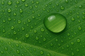 Raindrop perched on a leaf surface in a detailed shot