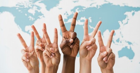 Diverse hands showing peace signs in front of a world map, symbolizing International Day of Peace, unity, and global harmony