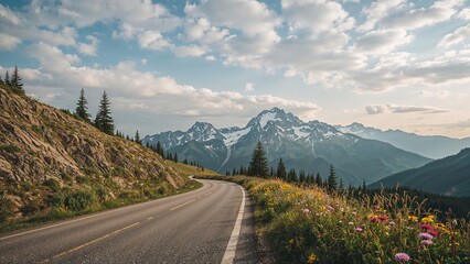 Cloud-filled sky above a picturesque road climbing to a mountain pass with snow-capped peaks in summer.