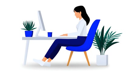 A young woman sitting at a modern, clean desk with a computer and potted plants, creating a peaceful and productive workspace