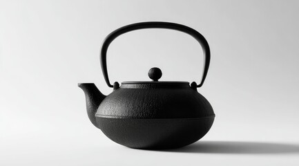 A sleek, black cast iron teakettle, centered on a plain white background