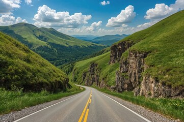 Naklejka premium Road flanked by towering cliffs in a vertical perspective