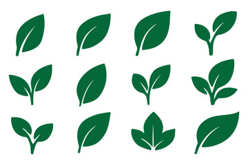 Leaf sprout icon vector set, green leaves plant eco logo symbol simple graphic illustration set, vegan fresh herb pictogram shape sign, organic natural healthy logotype eps 1