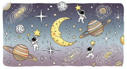 Set of hand drawn whimsical illustrations of celestial objects. Doodle drawings of crescent moons, ringed planets, twinkling stars, distant galaxies, and tiny astronauts