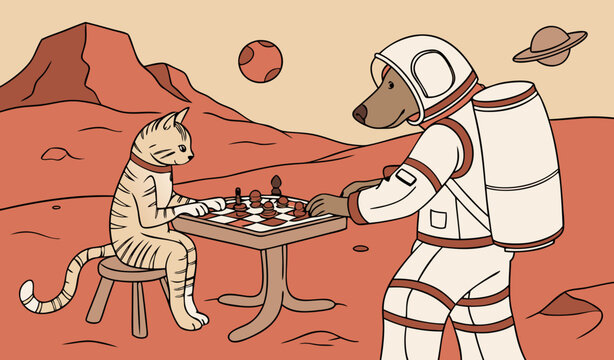"A cat and dog dressed as astronauts playing chess on Mars, detailed space suits, cinematic alien landscape, photorealistic humorous sci-fi stock image."