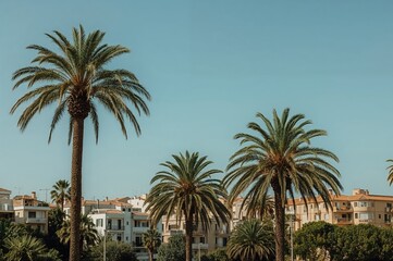 Fototapeta premium Cityscape featuring palm trees in a Mediterranean setting