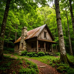 Fototapeta premium Rustic cabin nestled in lush forest