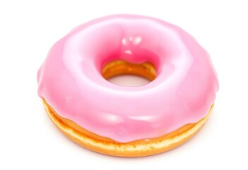 A delectable pink donut, glazed and frosted, sits on a pristine white background, donut,  sweet