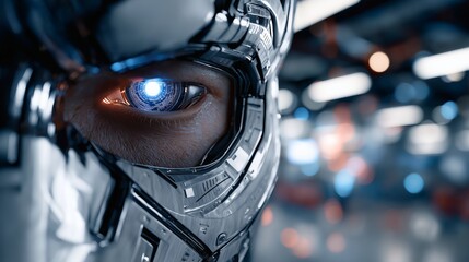 Cyborg's intense gaze, the future of technology in human augmentation.