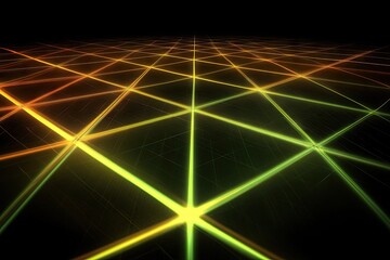 A dark, grid-like plane extending to a vanishing point, illuminated by glowing, intersecting lines of yellow-green and orange light, creating a futuristic, possibly digital, landscape