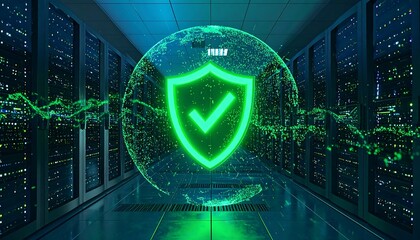 Futuristic server room with a glowing shield