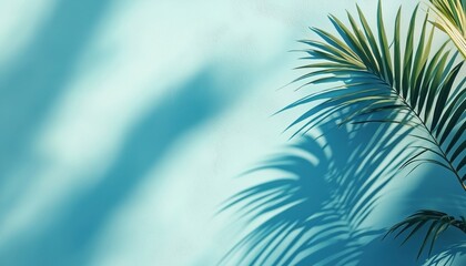 Fototapeta premium Trendy Palm Leaf Shadow On Blue Wall: Stylish Layout With Sunlight For A Summer Holiday And Vacation, Featuring Copy Space.