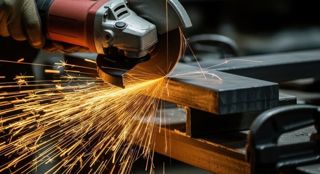 Grinding metal with an angle grinder creating a shower of bright orange sparks - Powered by Adobe