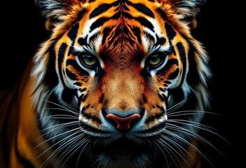 Close-up of a tiger's face, intense gaze, black background,  dark,  powerful