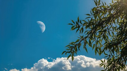 Crescent moon shining over a clear blue daytime sky with sunlit tree limbs
