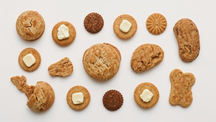 Selection of various cookies and biscuits set against a white backdrop
