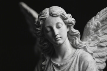 Serene Angel Statue Black and White Close-up with Graceful Wings