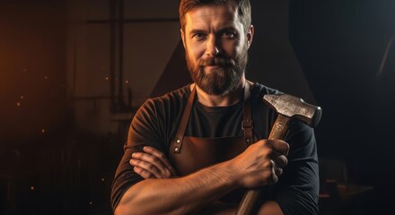 Bearded blacksmith with hammer stands proudly in dimly lit workshop