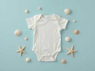 Blank baby onesie, bodysuit mockup, pregnancy announcement background, baby onesie summer flat-lay with seashells and star fish, blue Mediterranean chic, blue tropical theme.
