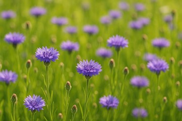 Fototapeta premium Summer scene featuring bright violet flowers amidst lush grass