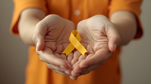Young female holding yellow gold ribbon awareness symbol for endometriosis, suicide prevention, sarcoma bone cancer, bladder cancer, liver cancer and childhood cancer concept. Health care. Copy space.