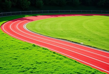 Obraz premium Red running track curves around a green field, athletic track, game