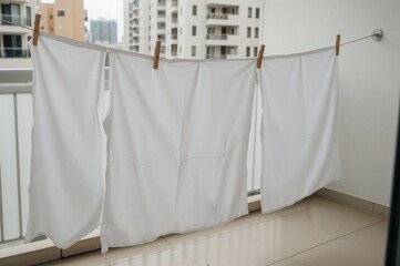Clean white linens drying on a balcony after washing