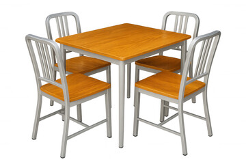 Metal dining set featuring square table, wooden-seated chairs, positioned against transparent backdrop, ideal for interior design rendering