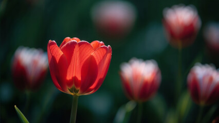 Radiant Red Tulip Flower Backlit in Spring Garden Bokeh