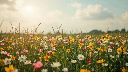 Fototapeta premium Lively flowers sprouting from the lawn