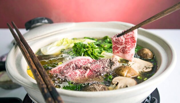 Sizzling hot pot with fresh meat and vegetables