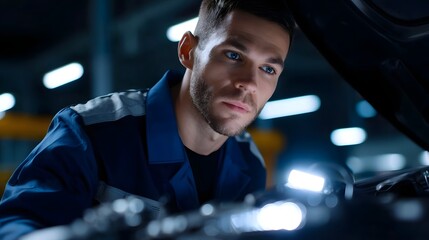 A skilled auto mechanic intently examining the engine of a vehicle in a well-equipped repair workshop, demonstrating their technical expertise and problem-solving abilities.