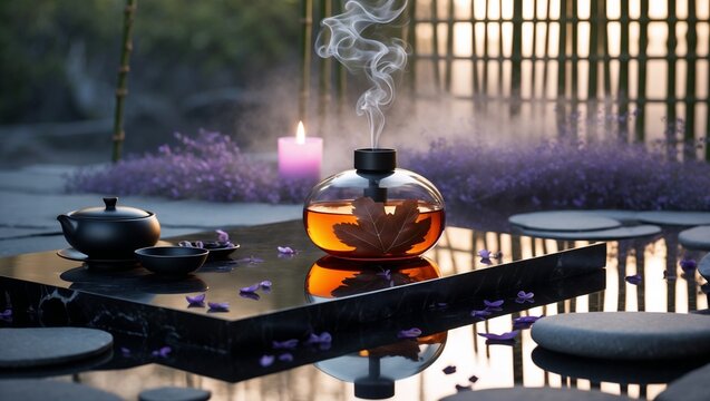 Elegant Zen tea set on glossy black acrylic surface: tea set, copper oak leaf aroma diffuser, lavender candle, podium, smooth stones, bamboo shadows, golden sunset, scattering of sakura petals.