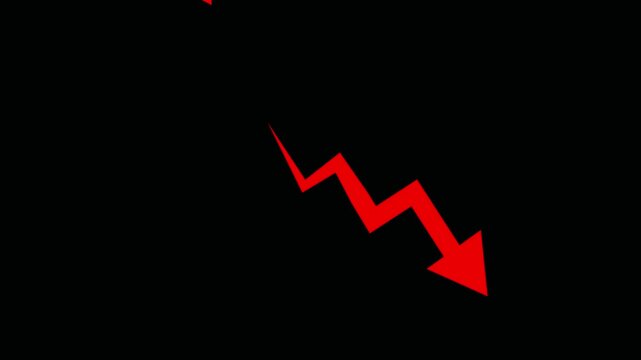 3 Arrow Indicating Decline Animation. 3 zigzag arrow pointing downward. on black background representing market loss fall trend analytics failure recession and risk alert
