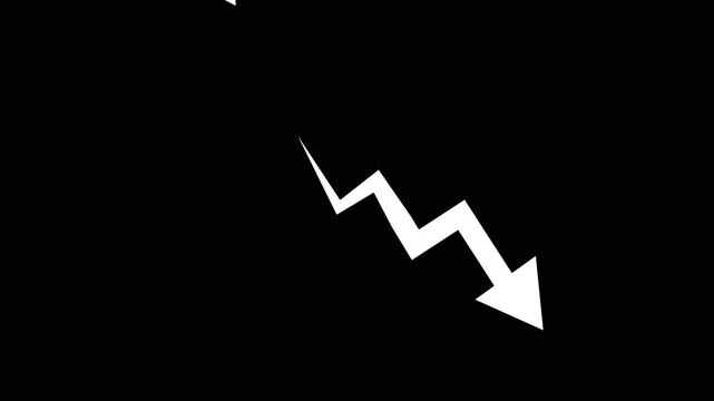 3 Arrow Indicating Decline Animation. 3 zigzag arrow pointing downward. on black background representing market loss fall trend analytics failure recession and risk alert
