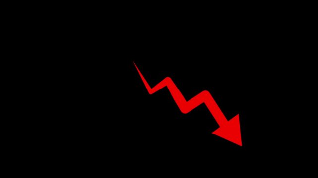 Zigzag Arrow Indicating Decline Animation. A zigzag arrow pointing downward. on black background representing market loss fall trend analytics failure recession and risk alert
