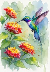 Watercolor illustration depicting a vibrant hummingbird in flight, poised near colorful lantana flowers. The background features soft, abstract washes