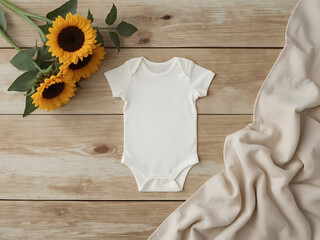Blank baby onesie, bodysuit mockup, pregnancy announcement background, baby onesie flat-lay with sunflowers on wooden backdrop.