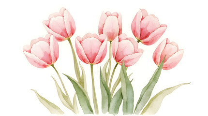 Fototapeta premium Watercolor Tulips Illustration Pink Flowers Isolated on White