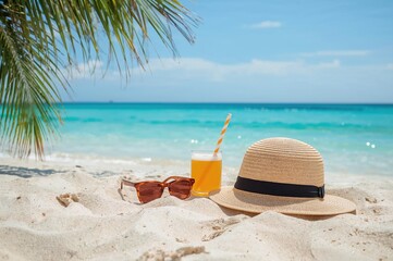 Assorted vacation essentials set against a soft-focused seaside backdrop