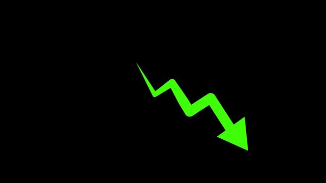 Zigzag Arrow Indicating Decline Animation. A zigzag arrow pointing downward. on black background representing market loss fall trend analytics failure recession and risk alert
