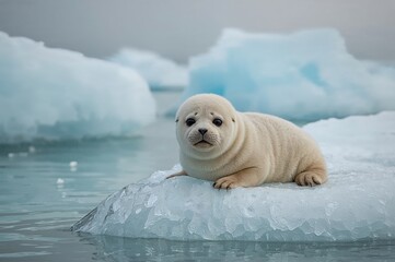 Obraz premium Harbor Seal pup lying on an iceberg broken off from a glacier in a northern bay