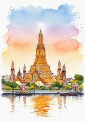 Obraz premium Watercolor illustration of a golden, ornate temple reflecting in calm water, with a colorful sky